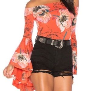 FREE PEOPLE ORANGE FLORAL OFF THE SHOULDER TOP